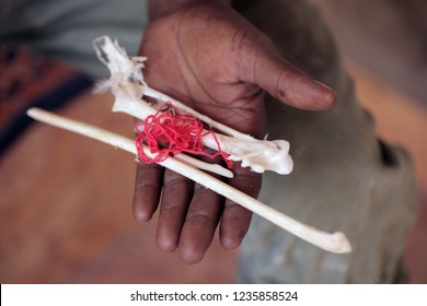 Sambouya Village, The Gambia, Africa, October 20th, 2018: Horizontal Photo Of Black Male Hand Close Up Holding An Ancient Vulture Bones And Red String - Traditional African Medicine Close Up