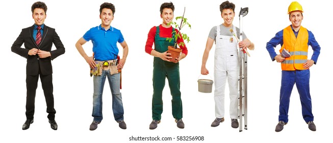 Same Man In Different Jobs And Professions Standing Isolated On White