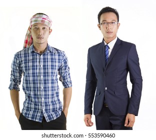 Same Man In Different Style Clothes, Farmer And Business Man 