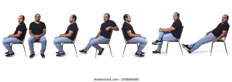 same man sitting on chair,various poses on white background