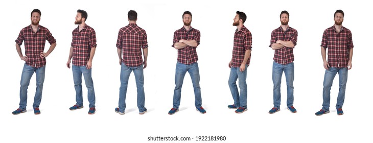 the same man in various poses with plaid shirt on white background  - Powered by Shutterstock