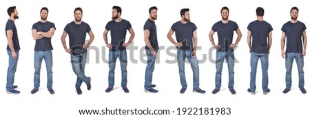 the same man in various poses with t-shirt on white background 