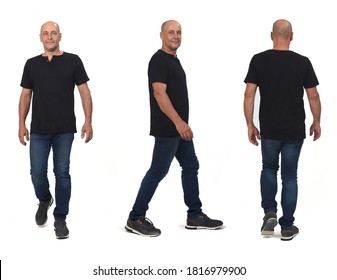 same man walking on white, front, back and side view