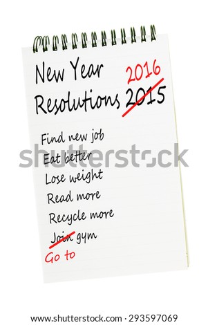 Same New Year Resolutions again, list on notepad, isolated on white.