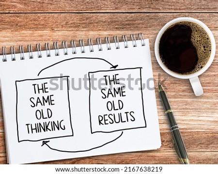 The same old thinking and The same old results text on notebook, closed loop or negative feedback mindset concept. notepad and coffee on wood table