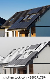 Same Private House With Solar Panels, Two Different Seasons, Summer And Winter. Collage, Comparison Concept.