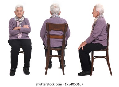 same senior woman sitting on white background, front,back and side view