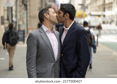 Same Sex Gay Men Couple Kissing On New York City Street