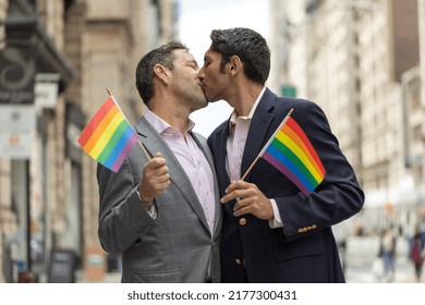 Same Sex Gay Men Couple Kissing On New York City Street