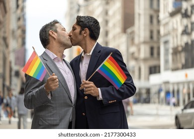 Same Sex Gay Men Couple Kissing On New York City Street