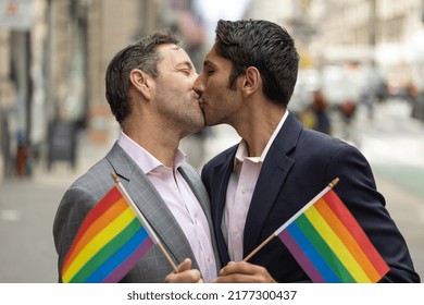 Same Sex Gay Men Couple Kissing On New York City Street