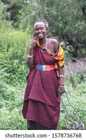 Same, Tanzania, 11th June 2019: Maasai Woman On A Mobile Phone