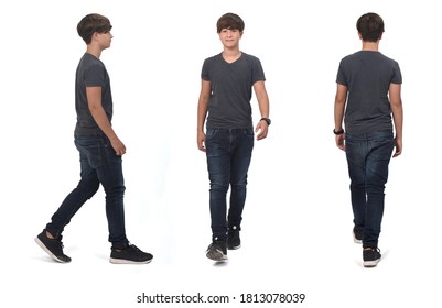 same teenager boy walking on white, front, side and back view - Powered by Shutterstock