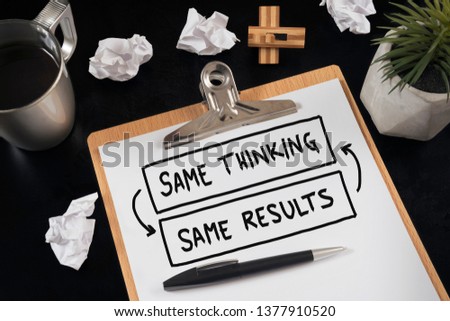 Same thinking and same results, negative feedback mindset concept.
