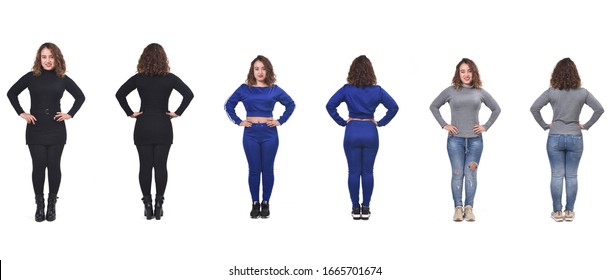 The Same Woman With Casual Elegant Clothes And Sportswear In Different Poses On White Background, Front And Back On White