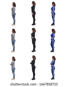 The Same Woman With Casual Elegant Clothes And Sportswear In Different Poses On White Background