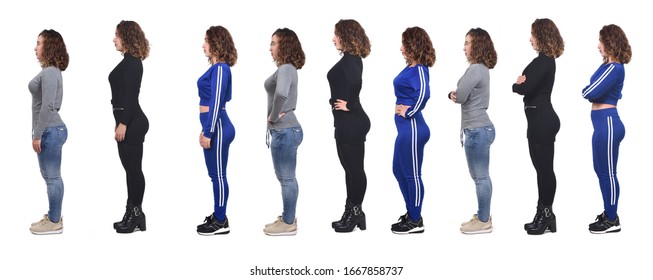 The Same Woman With Casual Elegant Clothes And Sportswear In Different Poses On White Background