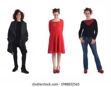 The Same Woman With Different Outfits On White Background