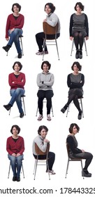 The Same Woman In Different Outfits Sitting In A Chair On White Background