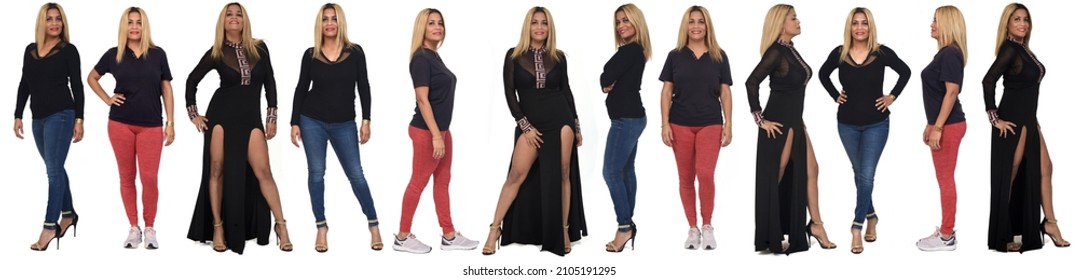 The Same Woman Dressed In Different Outfits On White Background