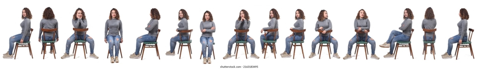 Same Woman Sitting On Chair On White Background