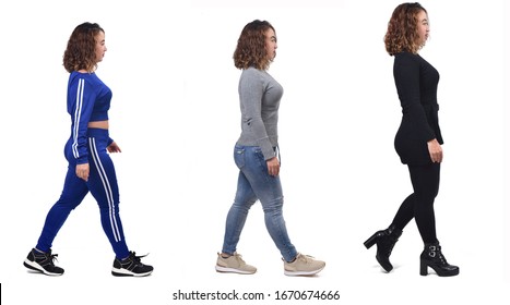 The Same Woman Walking With Different Types Of Clothes On White Background