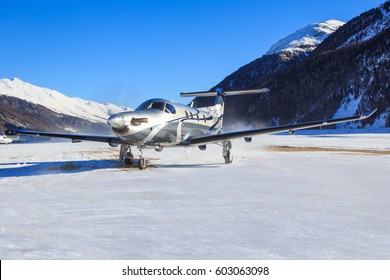 Samedan/Switzerlad:   Pilatus PC-12/47E at Engadin Airport in Samedan/Switzerland 18.02.2017