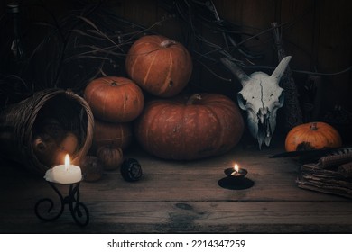 Samhain Magic Altar. Pumpkins, Goats Skull, Burning Candles, Dry Herbs And Rotten Apples On Wooden Background, Selective Focus. Halloween, Witchcraft, Autumn, Paganism, Wiccan, Atmospheric Concept