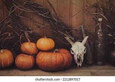 Samhain Witches Stuff. Pumpkins, Goats Skull, Dry Herbs And Old Bottle On Wooden Background, Magic Mood, Selective Focus. Halloween, Witchcraft, Autumn, Paganism, Wiccan, Atmospheric Concept