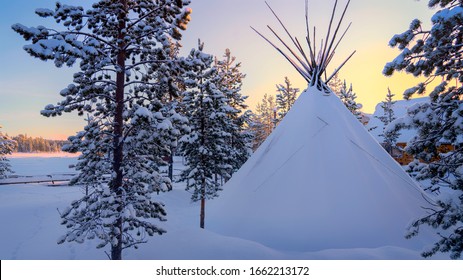 Sami Tent In The Snow. Ancient Home Of The Northern Peoples.