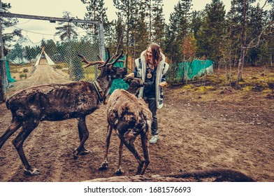 Sami Village, Sam-Syyt / Russia - August 6 2019: A Girl In Sami Clothes Stands Next To A Reindeer And Feeds Them