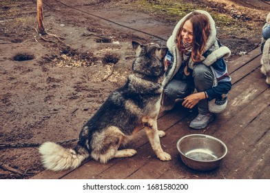 Sami Village, Sam-Syyt / Russia - August 6 2019: A Girl In Sami Clothes Strokes A Husky Dog