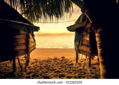 Samoa Bungalow Fale On Beach During Sunrise And Lowtide