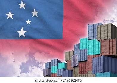 Samoa flag and big stack of shipping cargo containers in docks with sky background close up