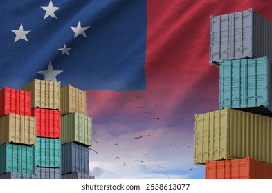 Samoa flag and big stack of shipping cargo containers in docks with sky background close up