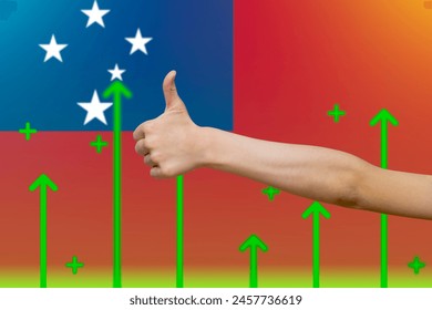 Samoa flag with green up arrows, upward rising arrow on data, finger thumbs up front of Samoa flag, country statistics concept, increasing values and improving economy - Powered by Shutterstock