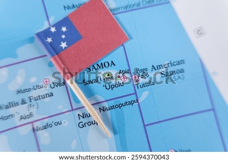 samoa flag placed on a map next to apia, showcasing samoan territory in the pacific ocean with geographical details