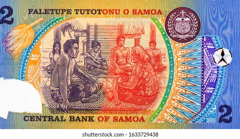 Samoan Family Scene In Samoan Fale (house) Portrait From Samoa 2 Tala 1990 Polymer Banknotes. 