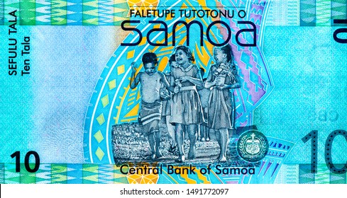 Samoan School Children Walking To School. Coat Of Arms Of Samoa. Portrait From Samoa 10 Tala 2008 Banknotes. 