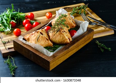 Samosa On A Plate With Sauce And Tomatoes. Horizontal View From Above, Rustic Style