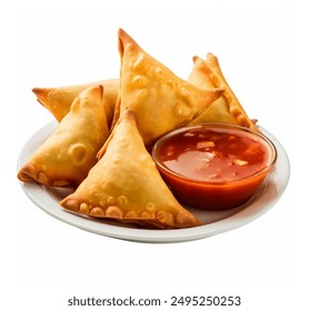 Samosas plate with sauce isolated on white background. Ramadan fried samosa on plate, closeup. Indian snack. Samosas with ketchup, sauce in plate. Samosas in plate isolated on white. - Powered by Shutterstock