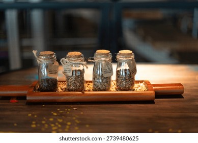 Sample of beer making ingredient material(s) in the glass bottle, using for brewing beer is different taste such as IPA, lager or wheat. Food and object photo, close-up.
