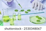 Sample image with modern lab setting shows a scientist is dropping green solution to pennywort samples placed on glass, surrounded by bottles containing solution and petri dishes containing pennywort.