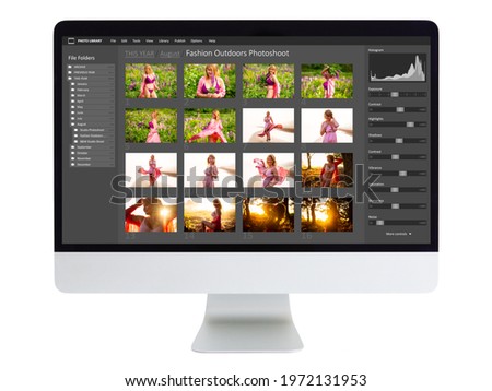 Sample interface of digital photo files management and image editing software on desktop computer