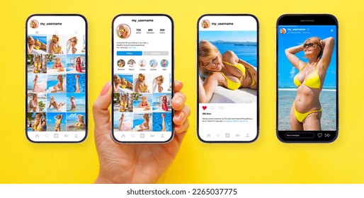 Sample layout mockups of social media user profile, photo gallery, single post and stories design
