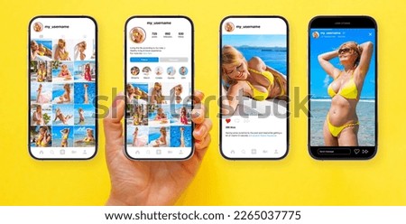 Sample layout mockups of social media user profile, photo gallery, single post and stories design