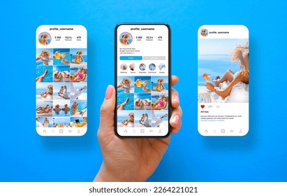 Sample layout of social media user profile, photo gallery and single post page design - Shutterstock ID 2264221021