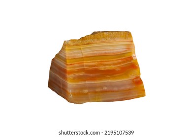 A Sample Of A Natural Mineral Orange Reddish Agate Silica, A Type Of Quartz (oxides Class) Polished Sample. Museum Mineral Series. Mineralogical Sample On White