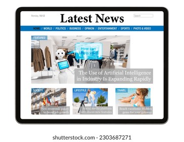 Sample news website on tablet computer's screen