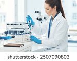 Sample, pipette and scientist with research, science laboratory and biology for pharmaceutical in Denmark. Female person, healthcare and technician in pathology, test or investigation in mpox vaccine